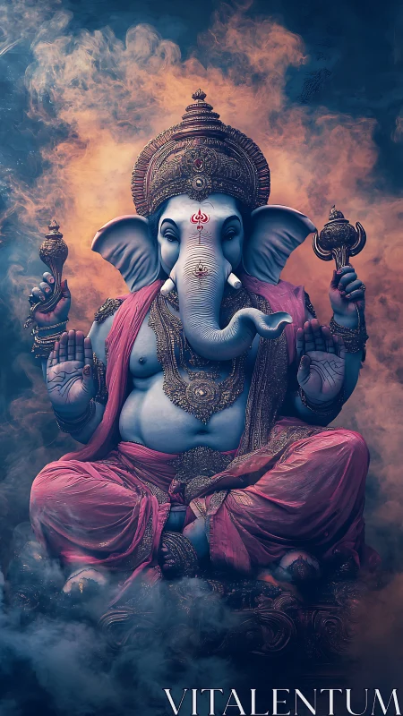 Divine Ganesha in cosmic smoke, radiant with sacred calm.
