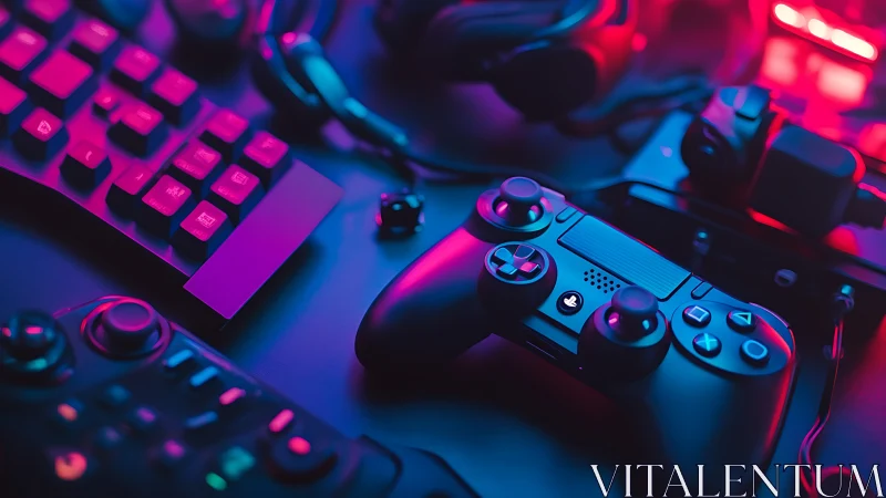 Dual-analog game controller and RGB keyboard under neon light
