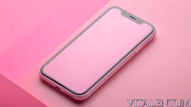 Modern smartphone with pink case on pastel pink background, minimal style.
