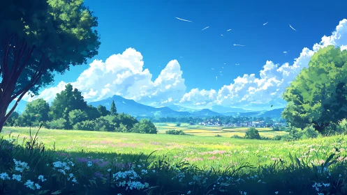 Sunlit meadow stretches toward distant blue mountains.