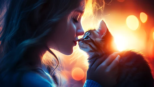 Woman and young cat in close proximity with warm backlighting and bokeh effects