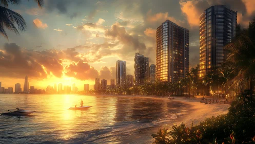 Coastal city skyline with sunset over high rise buildings.
