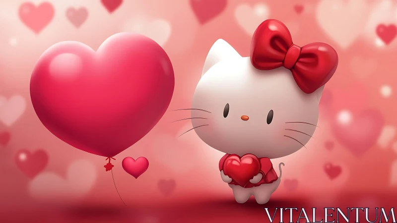 Hello Kitty Clutches Love: Adorable Cat Character Embraces Giant Heart Balloon