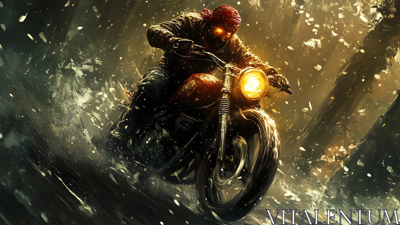 Lone biker with glowing eyes races through stormy forest.