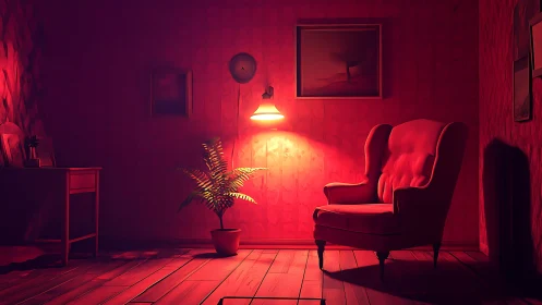 Velvet shadows lean toward the lonely crimson armchair