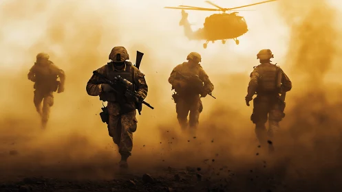 Soldiers advance through heavy dust as helicopter hovers above