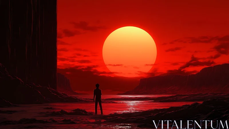 Silhouette before large red sun over rocky coastal plain.