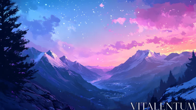 Vibrant twilight mountains over glowing river valley.