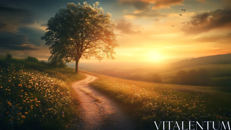 Serene countryside path at sunset with wildflowers, painterly style.