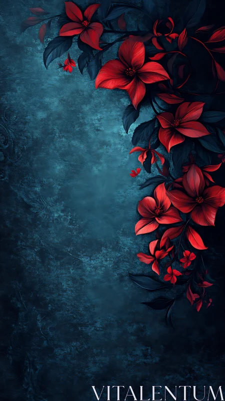 Red Flowers Against Moody Teal Textured Background