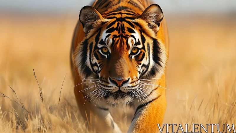 Golden grasslands tremble as a lone tiger walks the horizon