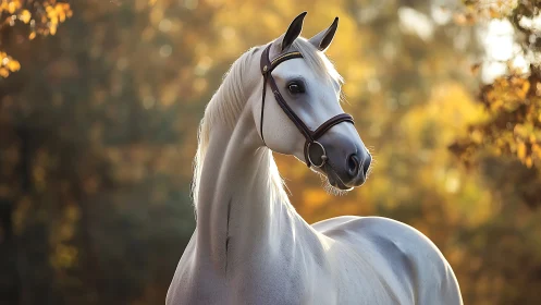 Gentle white horse glowing softly in golden autumn light.
