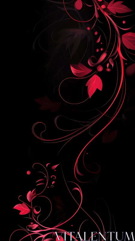 Digital floral scrollwork with red curvilinear foliage on black.