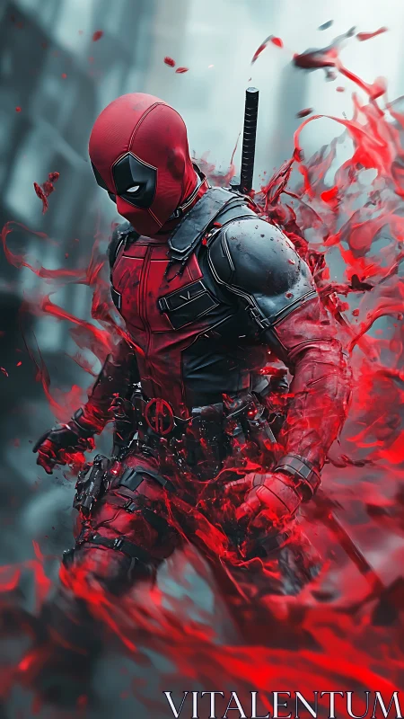 Masked red-suited antihero amid swirling red liquid.