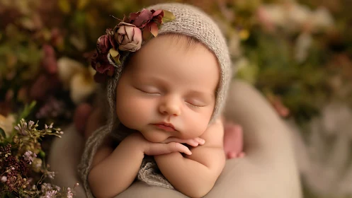 Sleeping infant in beige bonnet with burgundy florals.