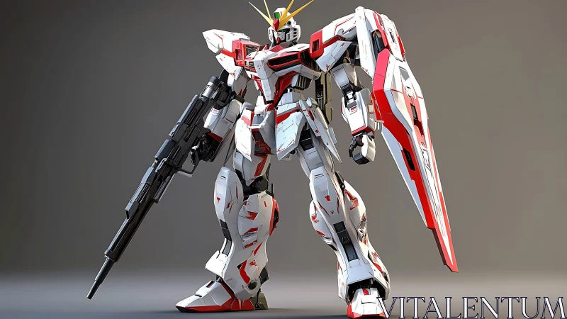 Detailed white and red mecha rendered in dynamic 3D stance
