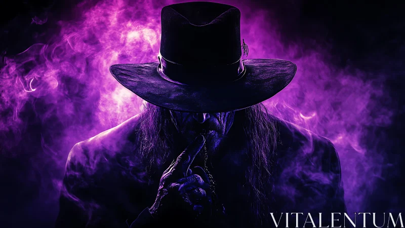 Mysterious shadowed stranger in glowing purple smoke.