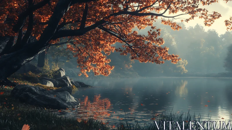 Autumn maple leans over still misty lake at sunrise.