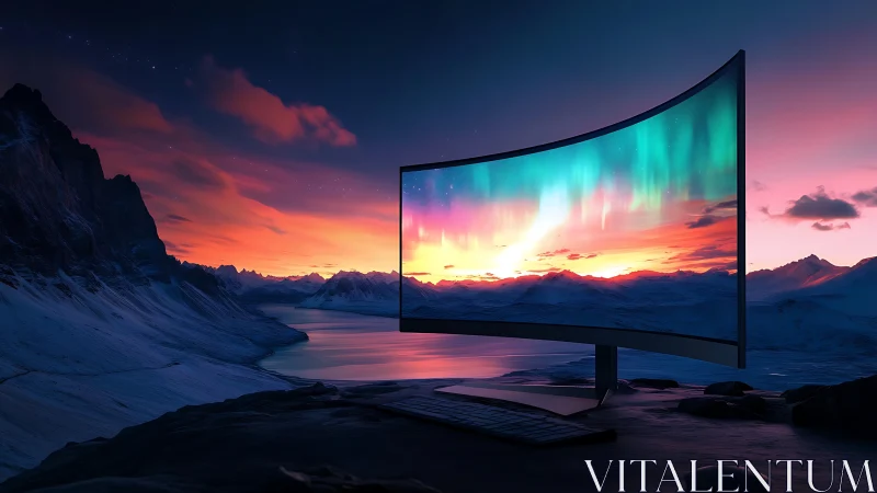 Curved ultrawide monitor framing aurora over icy fjord.