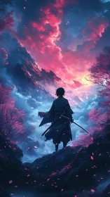 Digital painting of lone samurai under luminous storm sky.