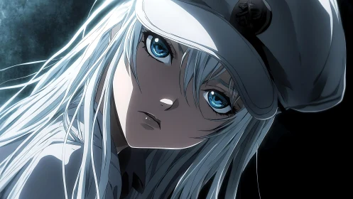 Silver haired anime heroine gazes intensely into darkness.