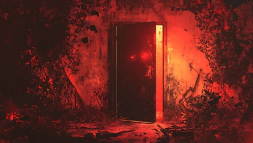 Red-lit mystery doorway glowing in an overgrown ruin.