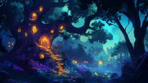 Illuminated tree dwelling in dense moonlit fantasy forest.