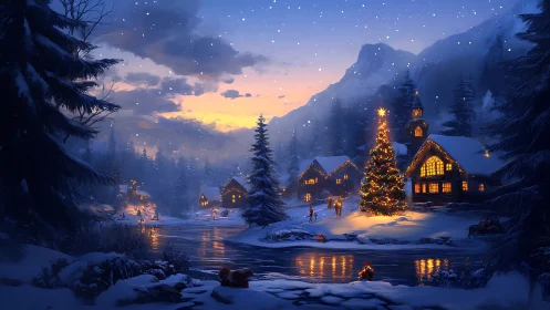 Snowy mountain village glows under twilight Christmas sky