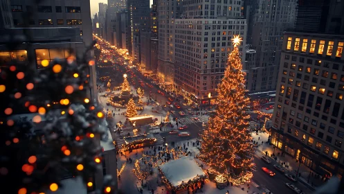 Glowing city Christmas tree brings warmth to a snowy evening street