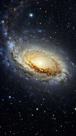 Spiraling starlit galaxy quietly brews a golden cosmic storm