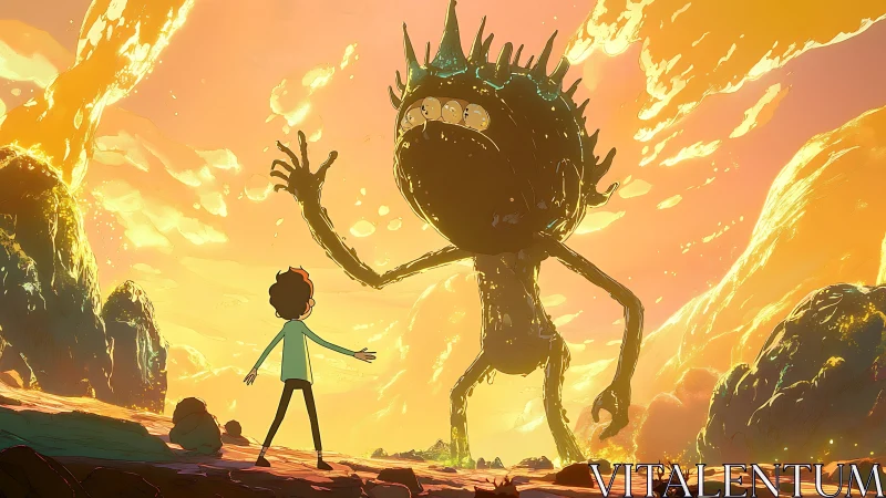 Sunlit boy confronts molten-eyed alien giant on blazing world.