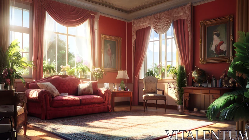Sunlit Victorian parlor with volumetric lighting and rich textiles