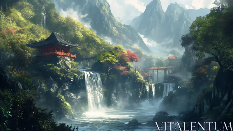 Misty mountain temple overlooks cascading jade waterfalls