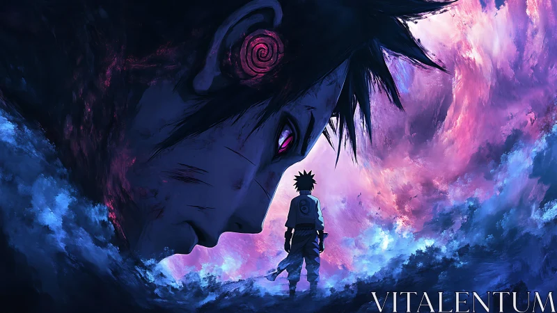 Dual anime warriors in cosmic storm with glowing vortex eye.