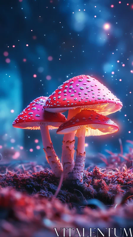 Starlit toadstools hold a tiny glowing council in the moss