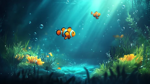 Clownfish in illuminated underwater reef environment.