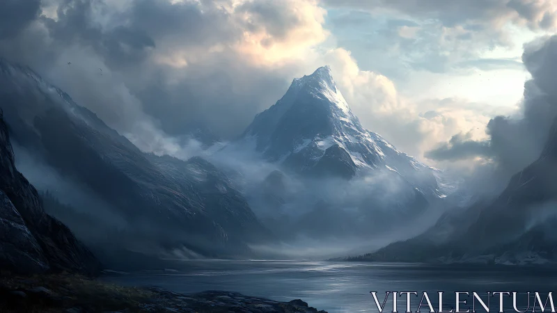 Snow-covered peak above misty valley and reflective lake.