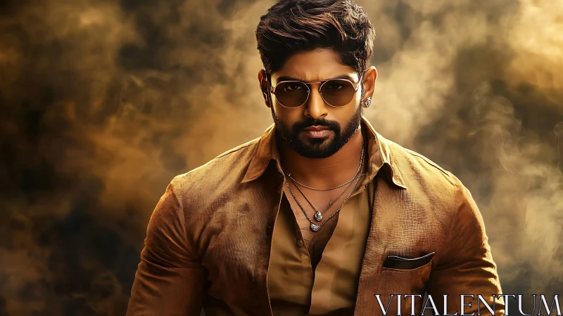 Cinematic portrait of stylish bearded man in golden smoke haze