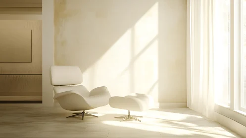 Modern lounge chair occupies sunlit minimal interior corner