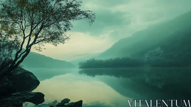 Misty mountain lake with lone tree and soft reflections.