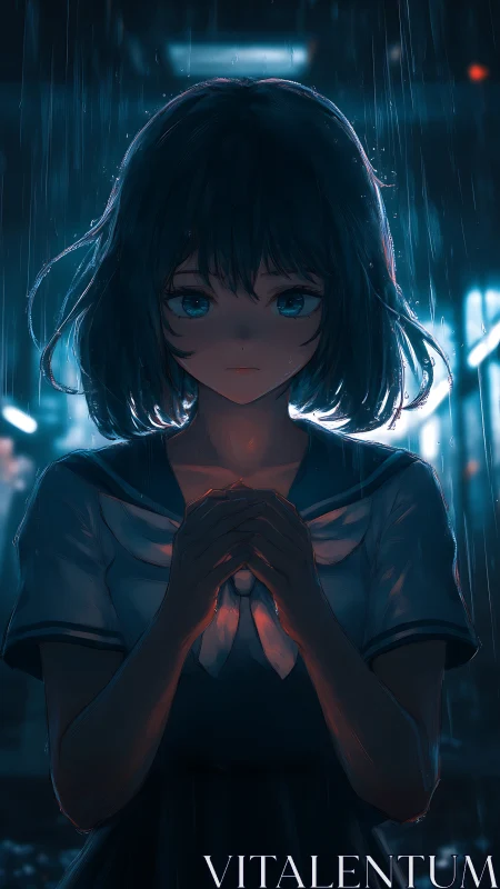 Blue haired schoolgirl standing in the rain at night.