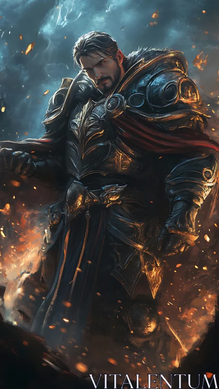 Embers crown a brooding knight wrapped in stormlit armor