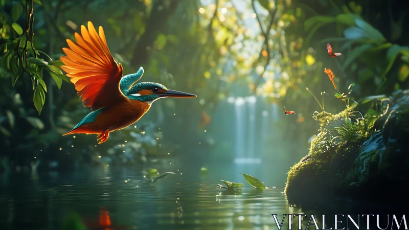 Kingfisher gliding through a glowing forest sanctuary.