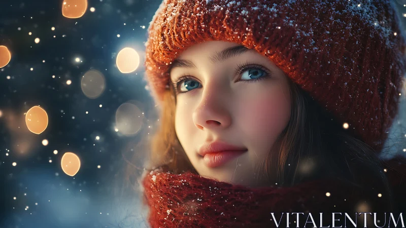 Winter portrait of girl in red knitwear with shallow bokeh