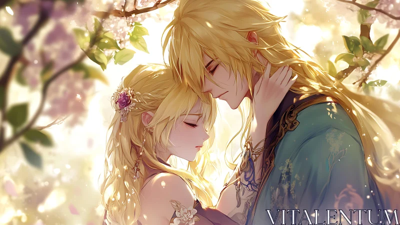 Golden-Haired Couple Under Cherry Blossoms.