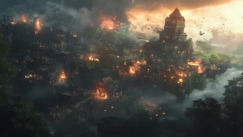 Ancient jungle city burns beneath storm-lit, smoke-choked skies