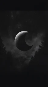 Surreal crescent moon over forest in monochrome digital art.