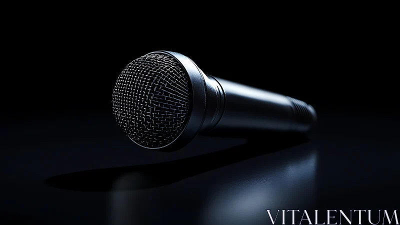 Studio microphone in dramatic low key spotlight on black stage.