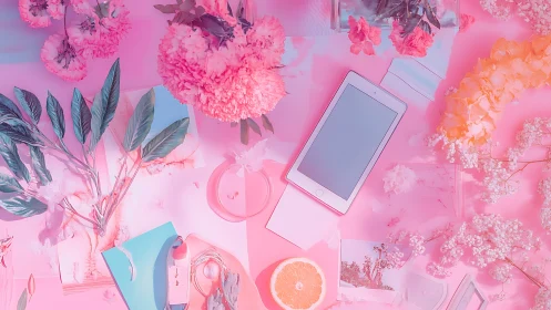 Flat lay digital workspace under monochromatic pink floral lighting