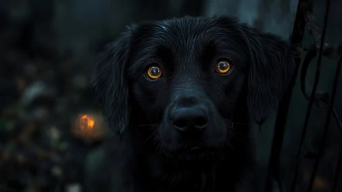Black dog stares through darkness with glowing amber eyes.